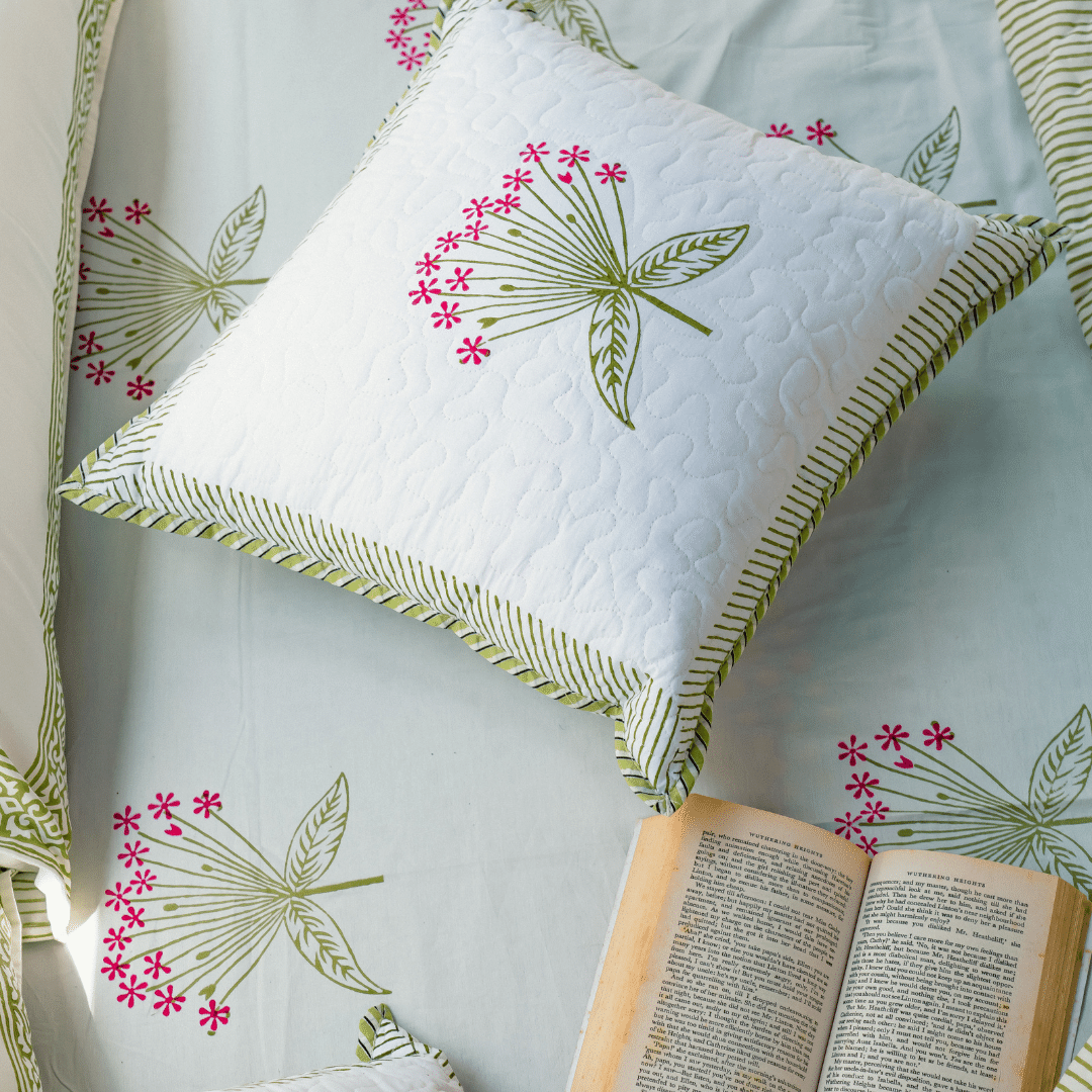 Shades of Spring Quilted Hand Block Print Cushion Cover