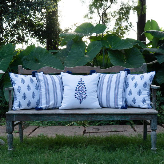 Set of 5 White and Blue Cushion Covers