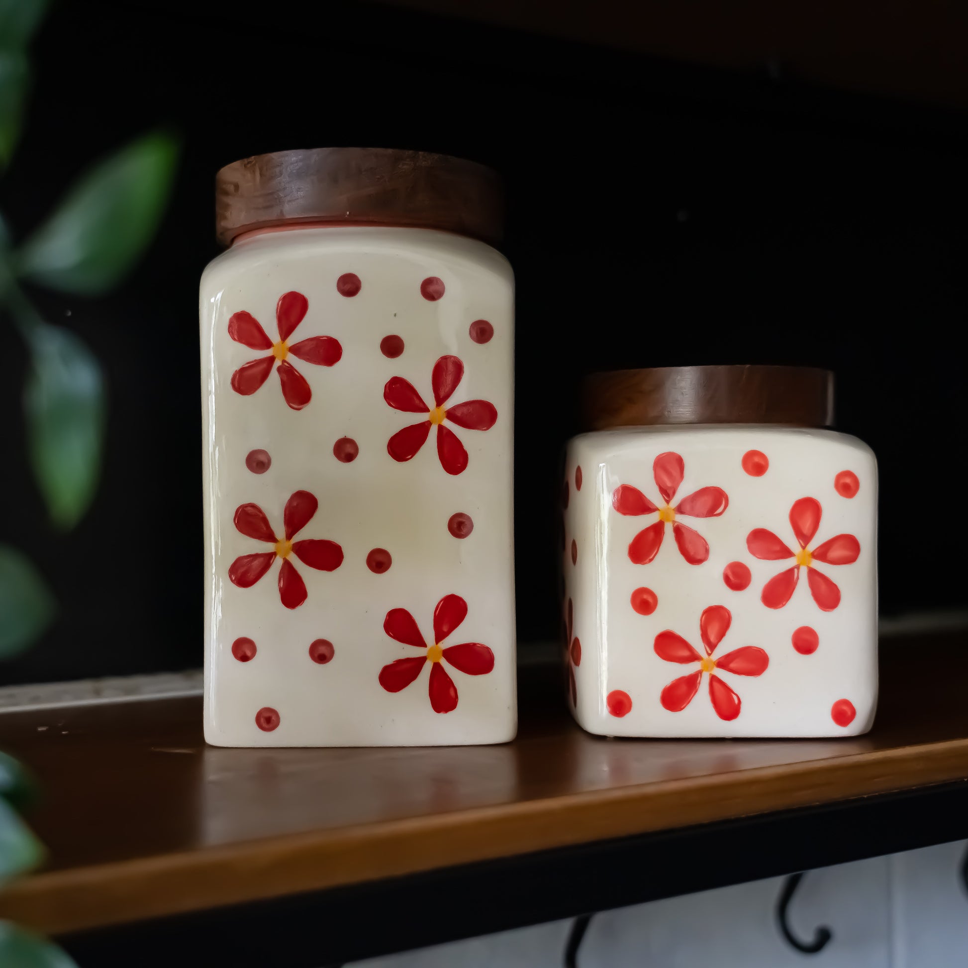 Floral set of 2 Stoneware Ceramic jars
