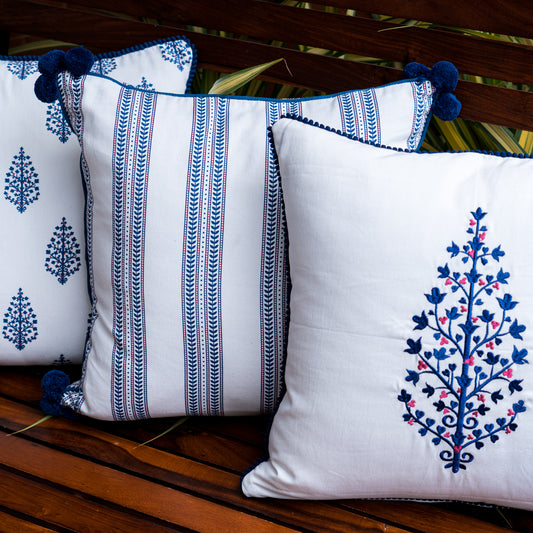Set of 3 White and Blue Cushion Covers