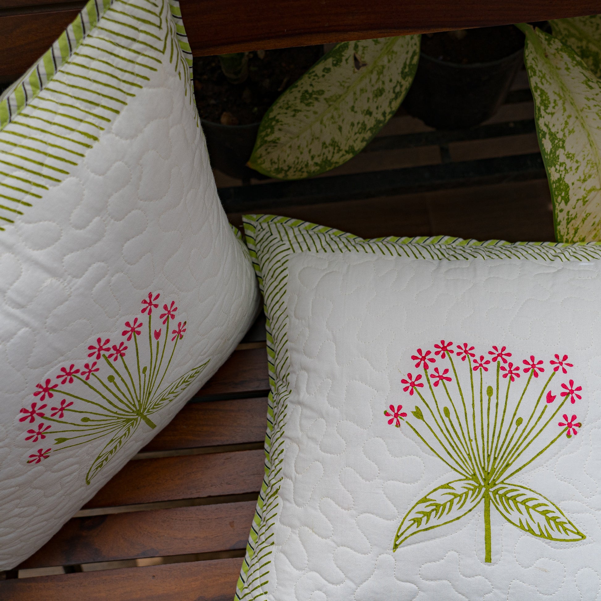 Shades of Spring Quilted Hand Block Print Cushion Cover