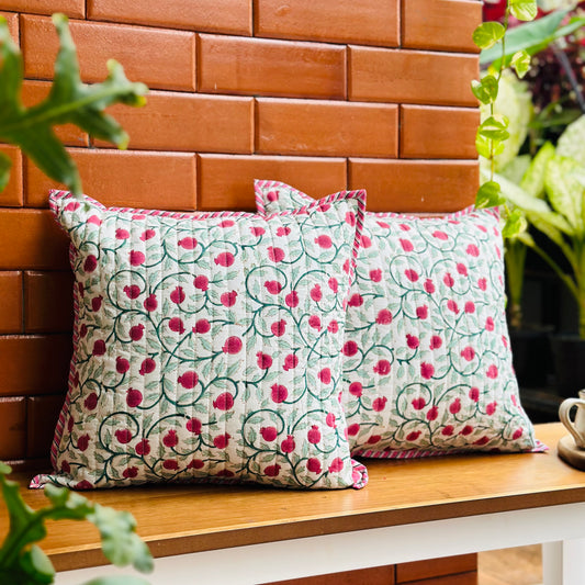 Valley Of Flowers Quilted Hand Block Print  Cushion Cover